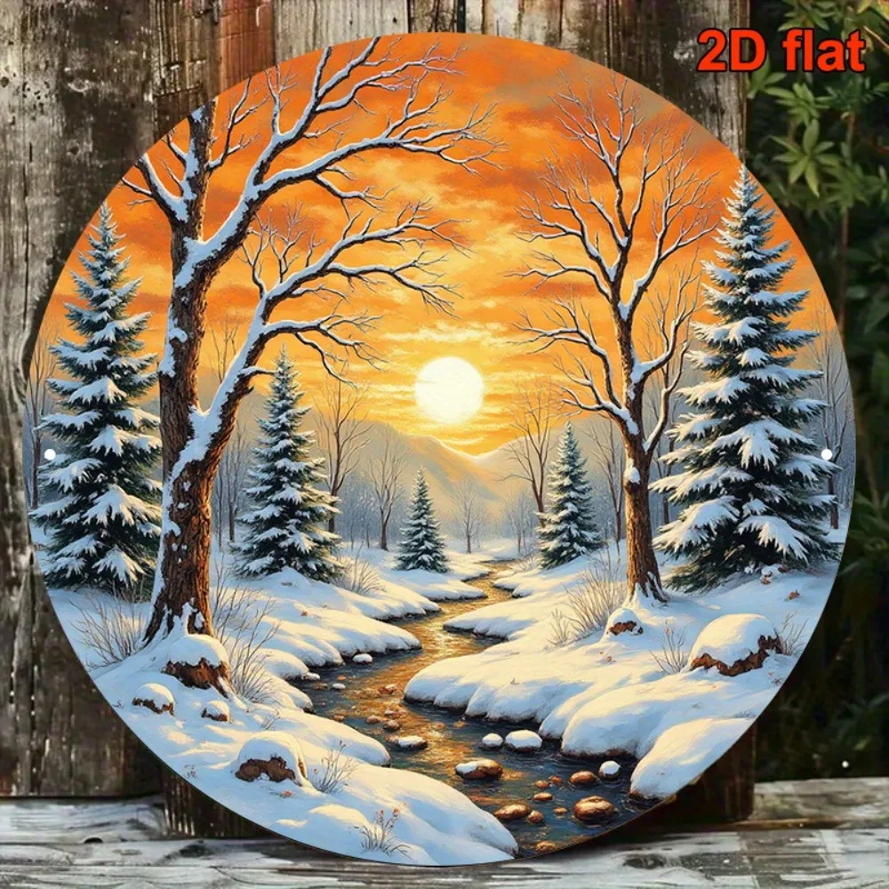 Vintage 8x8 Inch Circular Aluminum Wall Art - Winter Snow Sunset River Mountain Scene, Handmade Gallery Decor for Living Room Be