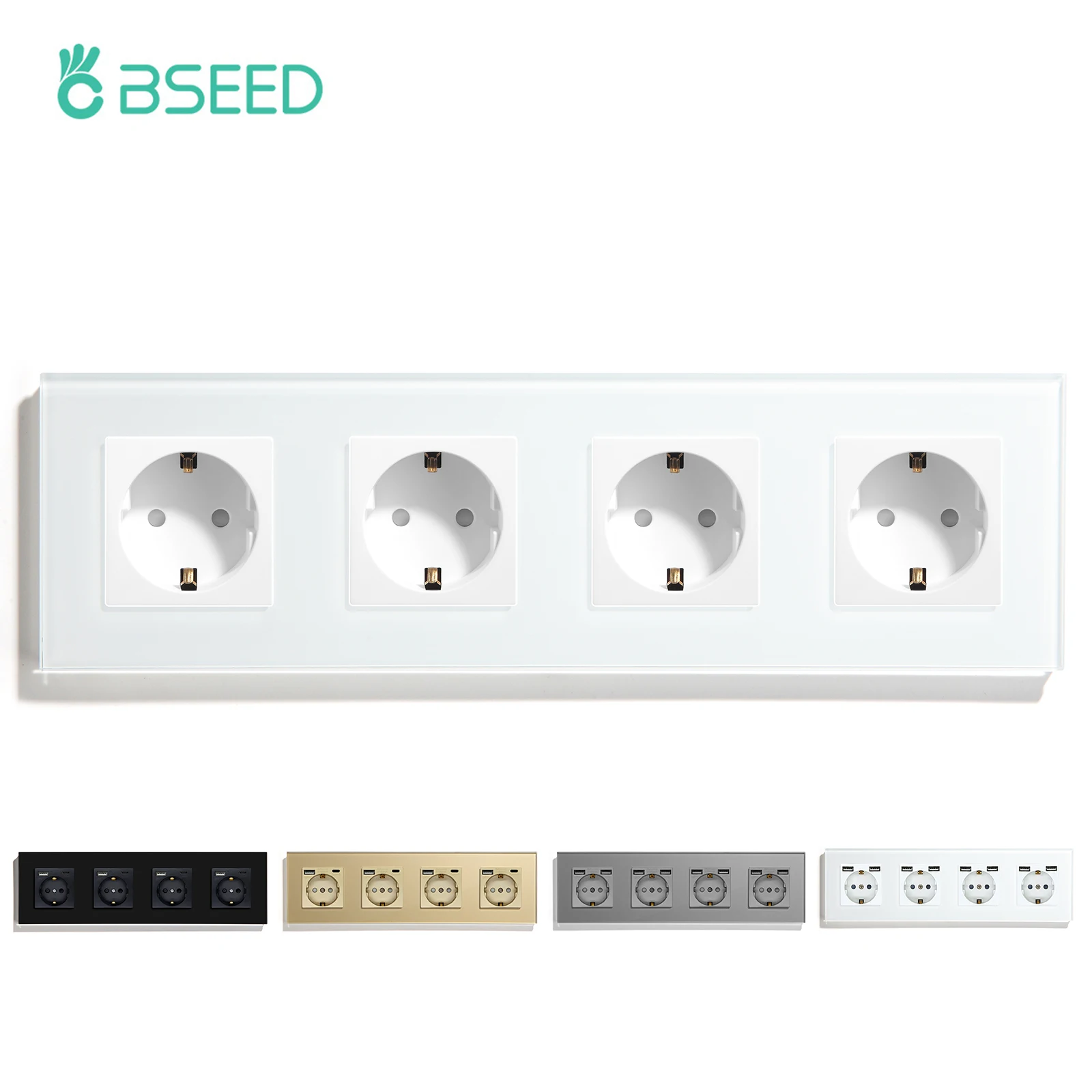 BSEED Quadruple Wall Socket EU Standard Power Crystal Glass Panel Electrical EU Socket White Black Gloden 110-240V