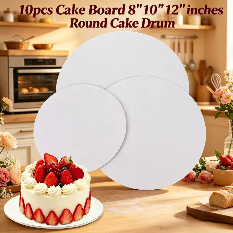 Round Cake Boards 10Pcs 8 10 12 Inch, Paper Cake Drum Pan for Birthday Wedding Party Heavy Duty Corrugated Cardboard Bottom Tray