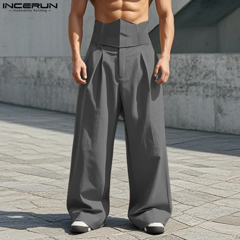 INCERUN 2026 American Style Trousers Fashion Men's Solid High Waisted Long Pant Casual Streetwear Loose Wide Leg Pantalons S-5XL