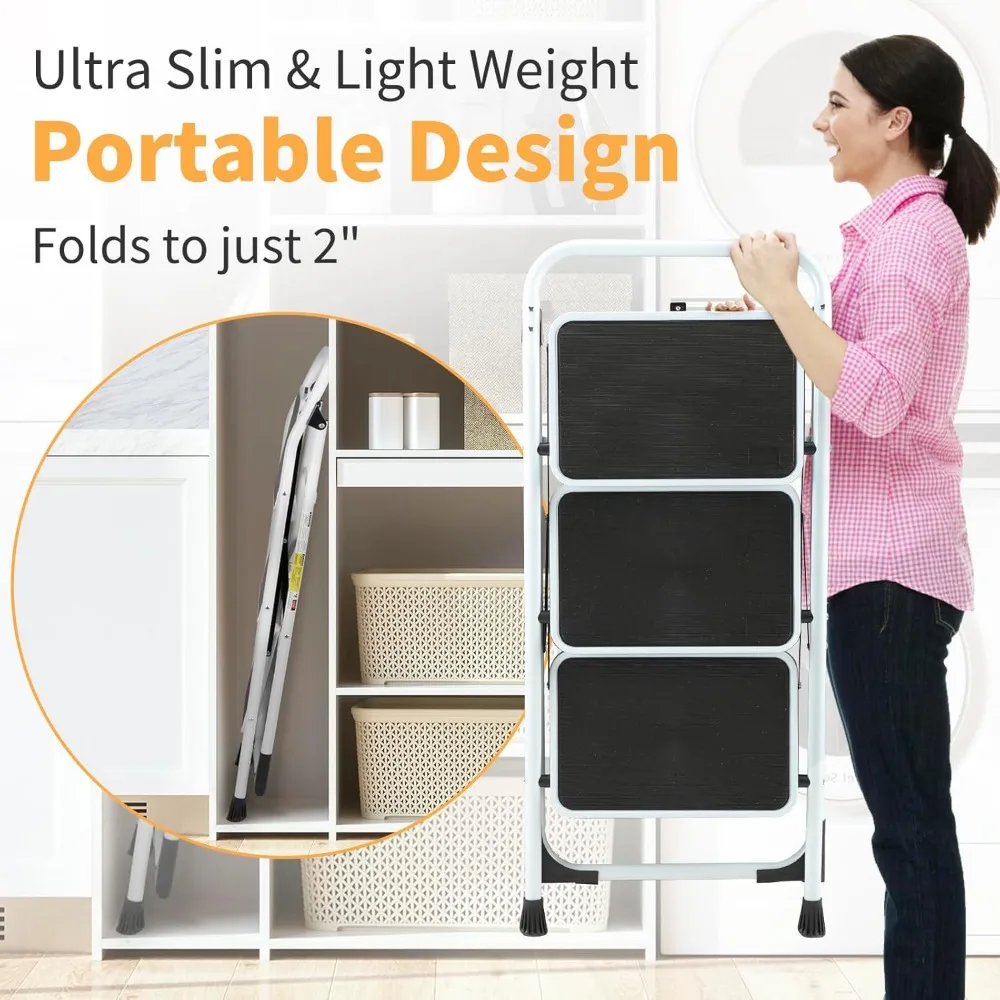 مقعد قابل للطي مضاد للانزلاق بثلاث خطوات مع مشطات واسعة، سلم فولاذي خفيف الوزن للاستخدام المحمول #4