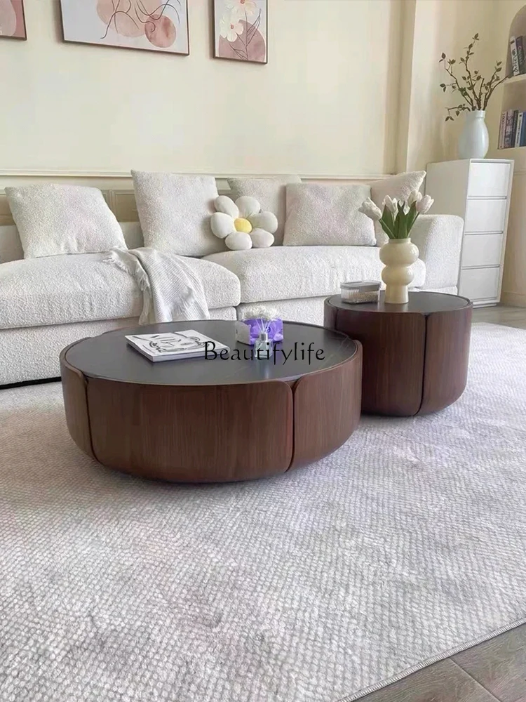 

Italian minimalist rock slab size round coffee table light luxury modern high-end walnut color tea table