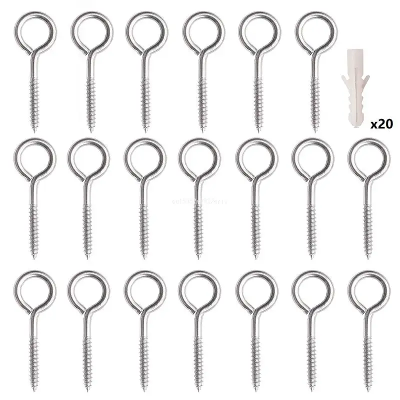 20 PCS Eye-Shape Ring Hooks Metal Cup Hooks Stainless Steel Screw Eye Hooks ​Household Threaded Hook Set