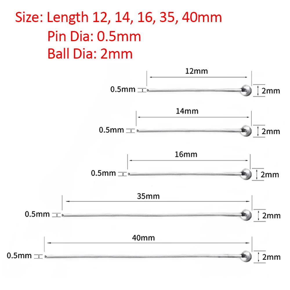 100pcs Stainless Steel Ball Head Pins for DIY Jewelry Making 12-40mm Head Pins Needlework Handmade Components Findings
