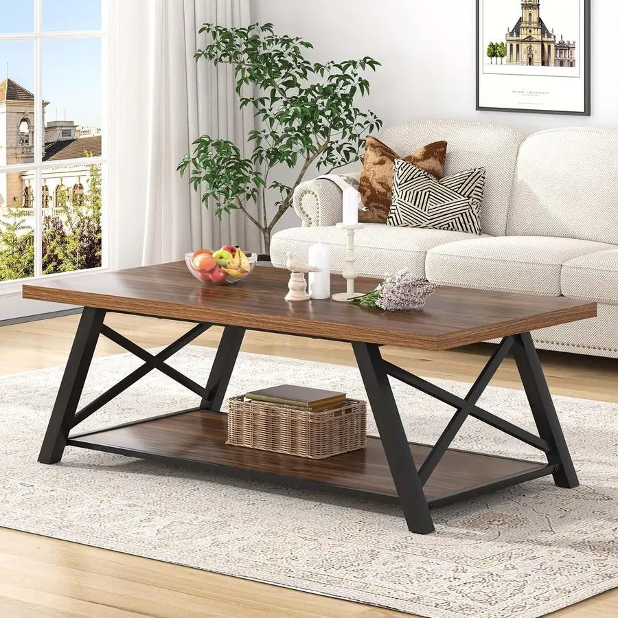Modern Coffee Table, Industrial Living Room Center Table with Storage Shelf, Rectangle Wood and Metal Cocktail Tea  Customizable