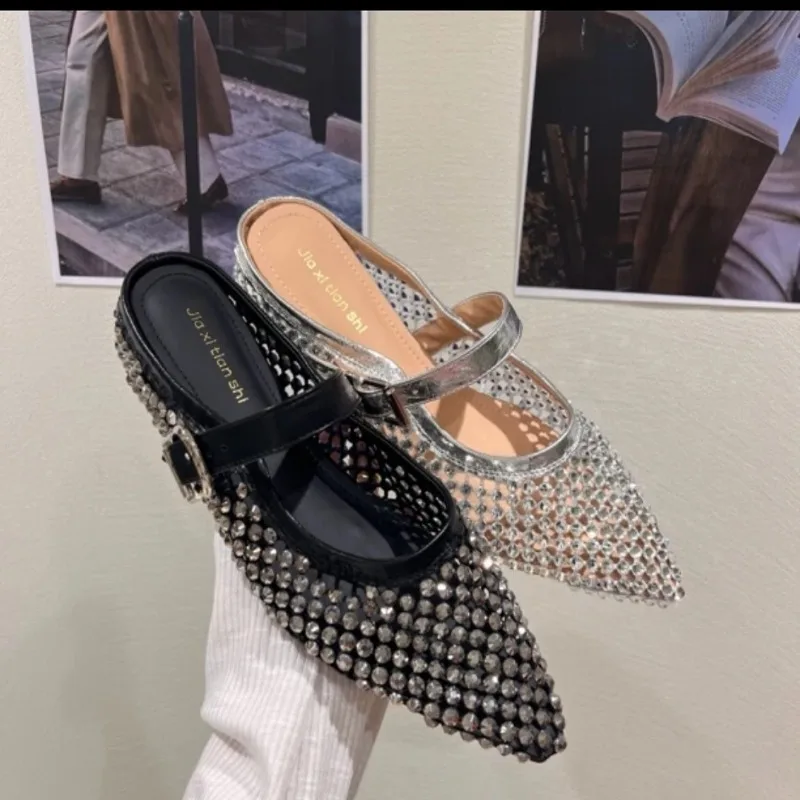 2025 مثير النساء الصنادل موضة شبكة الصيف المشي جولة تو مشبك كريستال الديكور نعال مسطحة النساء Sandalias De Mujer #1