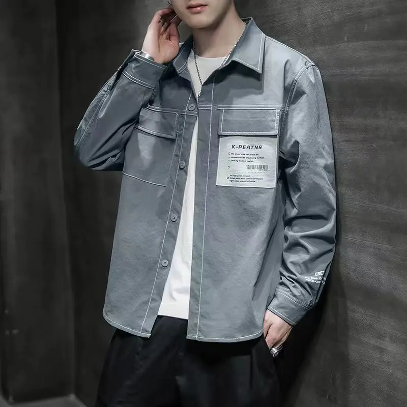 Fashion Lapel Button Spliced Letter Pockets Shirts Men's Clothing 2022 Autumn Loose New Casual Tops All-match Korean Shirt