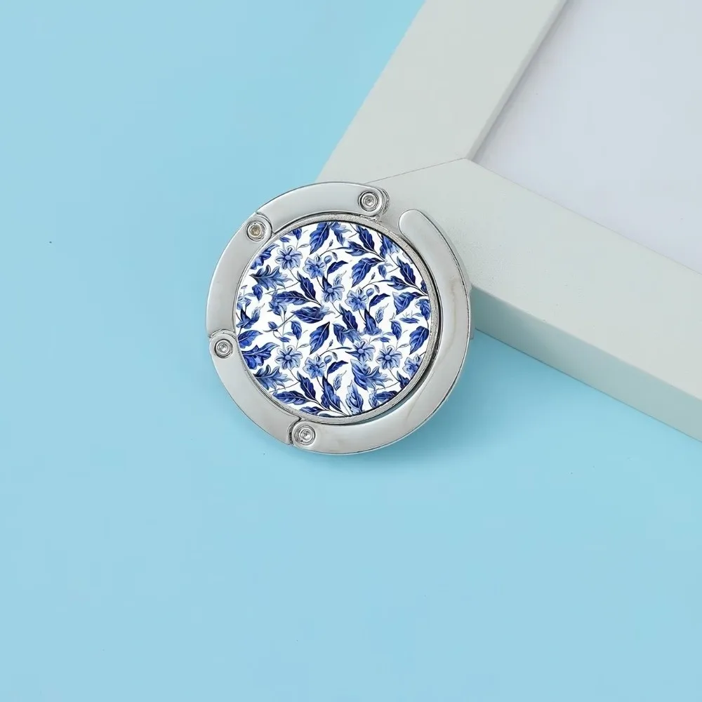 Folding Desktop Stand Hook Circular Zinc Alloy Table Edge Hook Blue and White Porcelain Design Hanging Tote Holder
