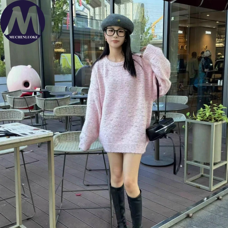 

Свитер для женщин, осень-зима, новый элегантный вязаный универсальный свитер с длинными рукавами и круглым вырезом, корейский модный повседневный свободный пуловер