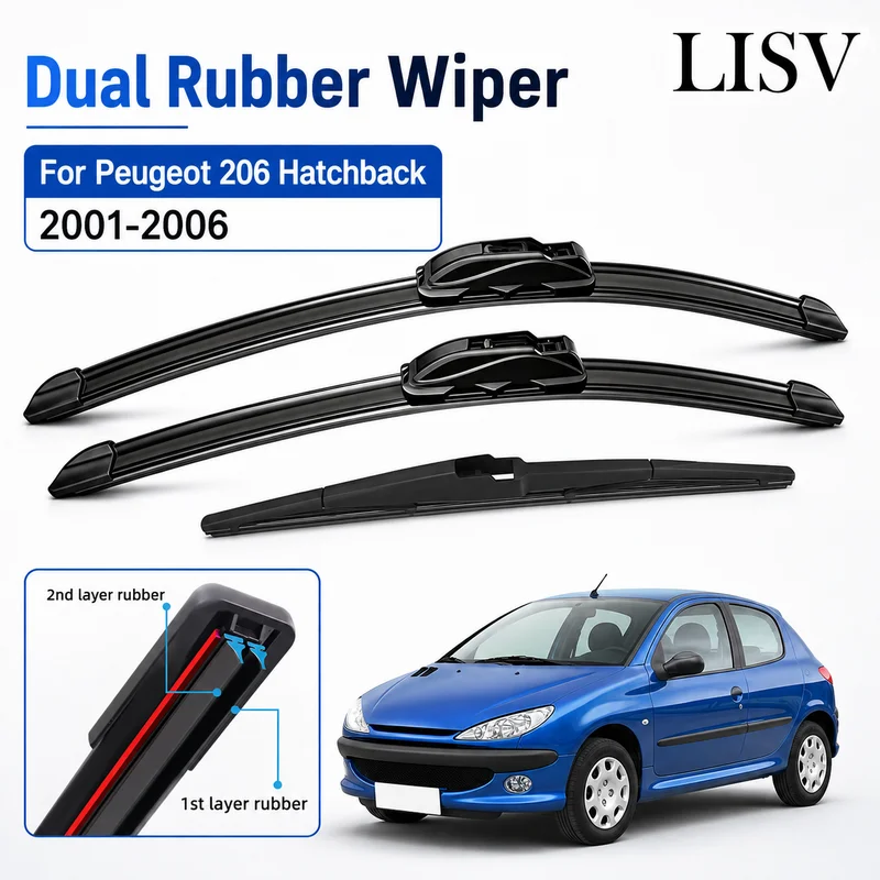 For Peugeot 206 Hatchback 2001-2006 2002 2003 Wiper Front & Rear Wiper Blades Windshield Windscreen Window Brushes 26"+16"+14"