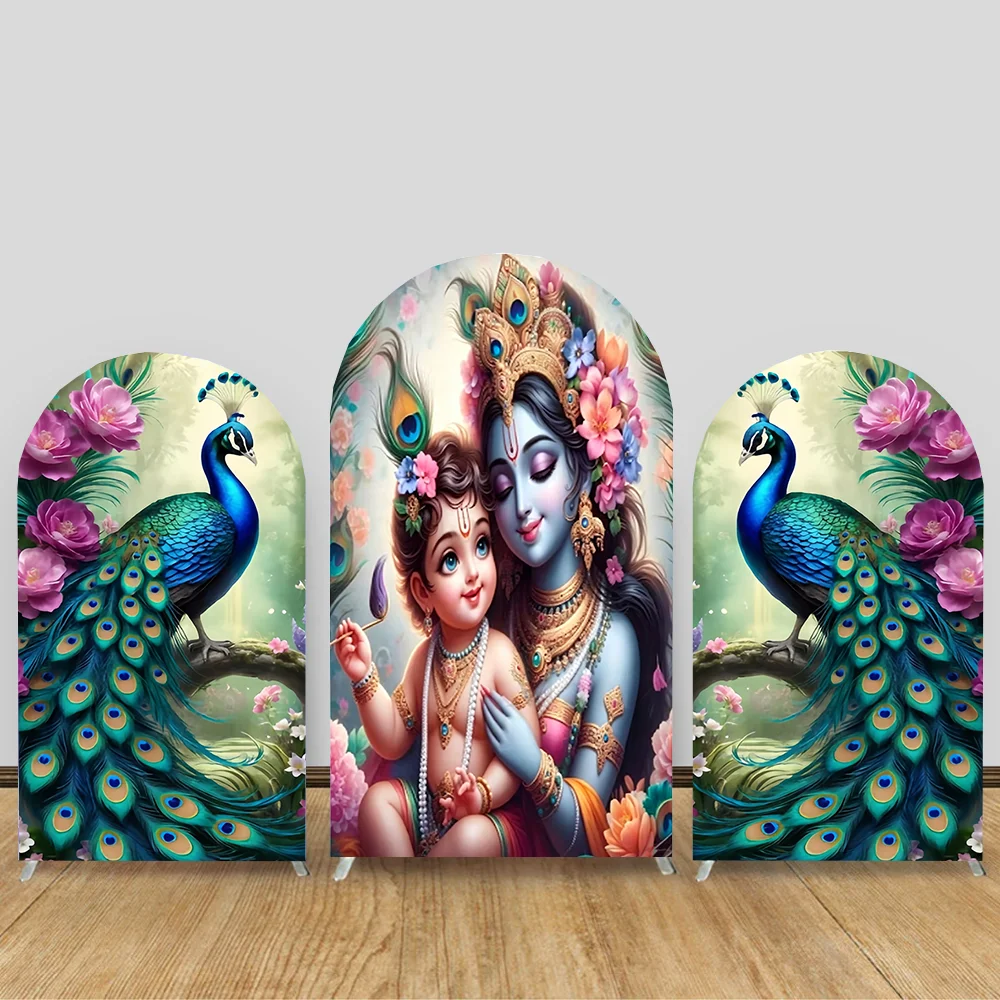 Peacock Baby Shower Arch Backdrop Cover Indian Krishna and Radha Birthday Party Wedding Decoration Backdrop Stretch Fabric