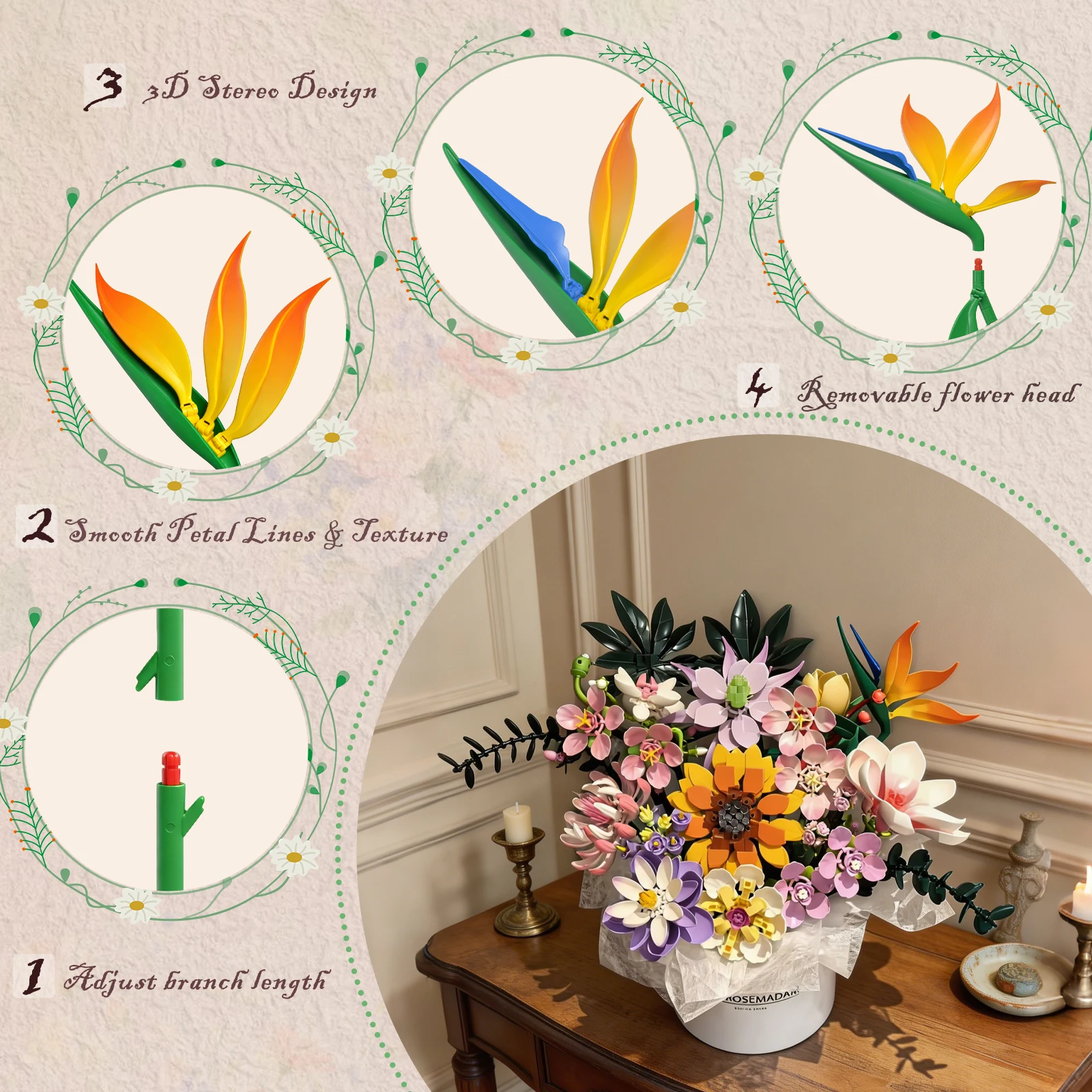 Strelitzia Blossoms Building Block Bouquet Flowers Featuring Gradient Petal Details Ideal for Tabletop Display Home Deco（46 Pcs） view 3