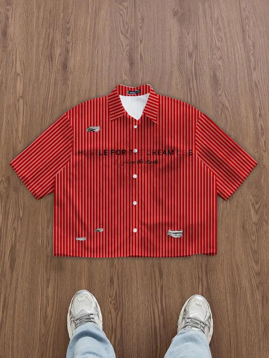 

Mens Red Striped Short Sleeve Single-Breasted Casual Cropped Shirt