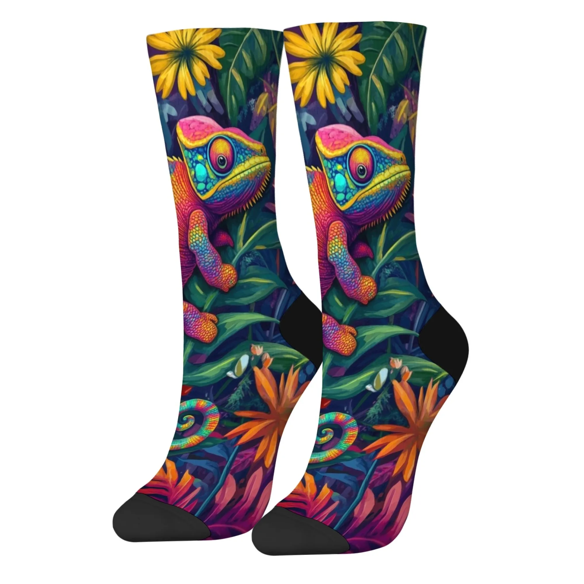 Tropische Pflanze Chamäleon Glückliche Herrensocken Neuheit Lustige Kompressionssocken Harajuku Retro-Stil Lässige Mode Sportsocken Geschenk