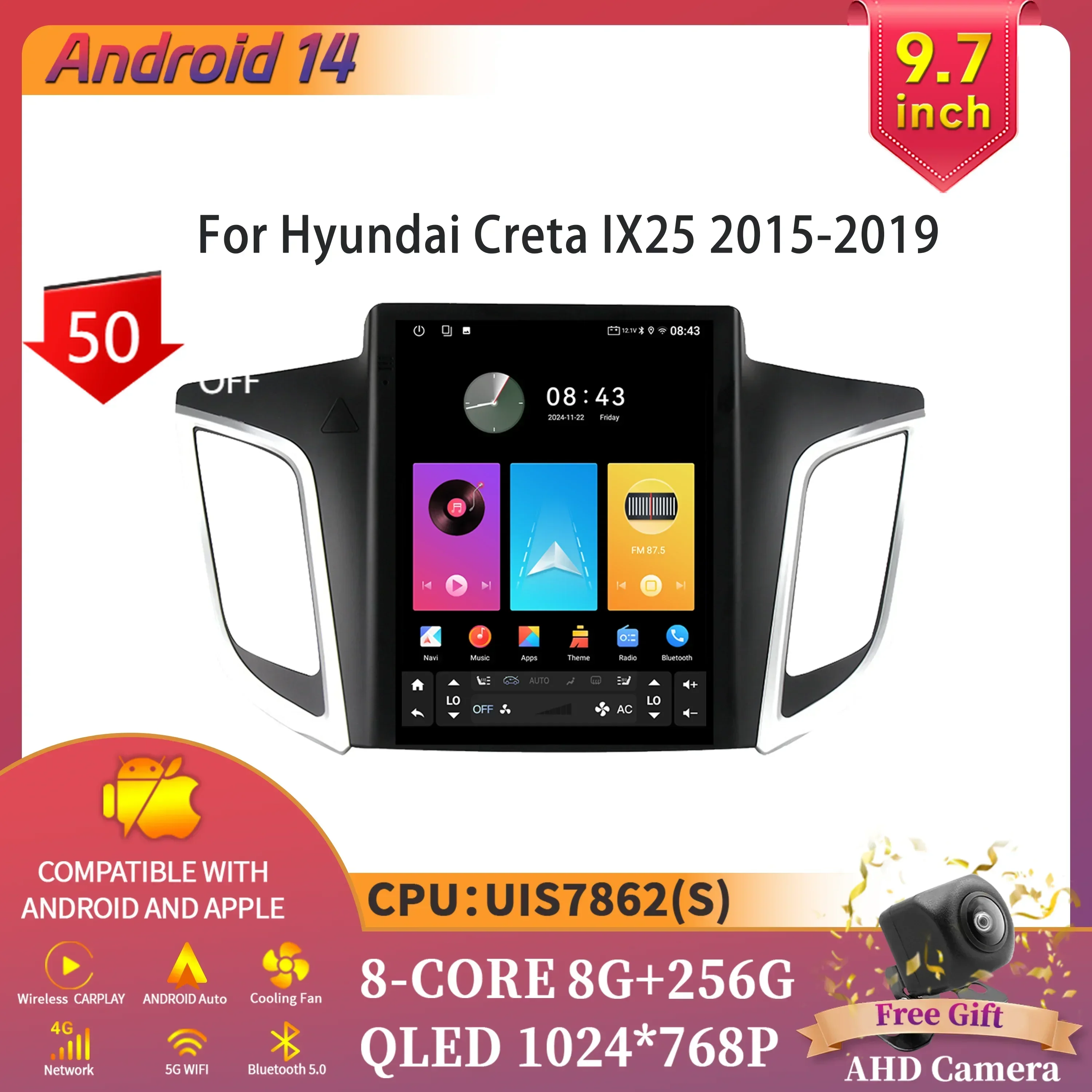 

9,7-дюймовый автомобильный радиоприемник, мультимедийный интеллектуальный Bluetooth Carplay, сенсорный экран Android 14, для Hyundai Creta IX25 2015-2019