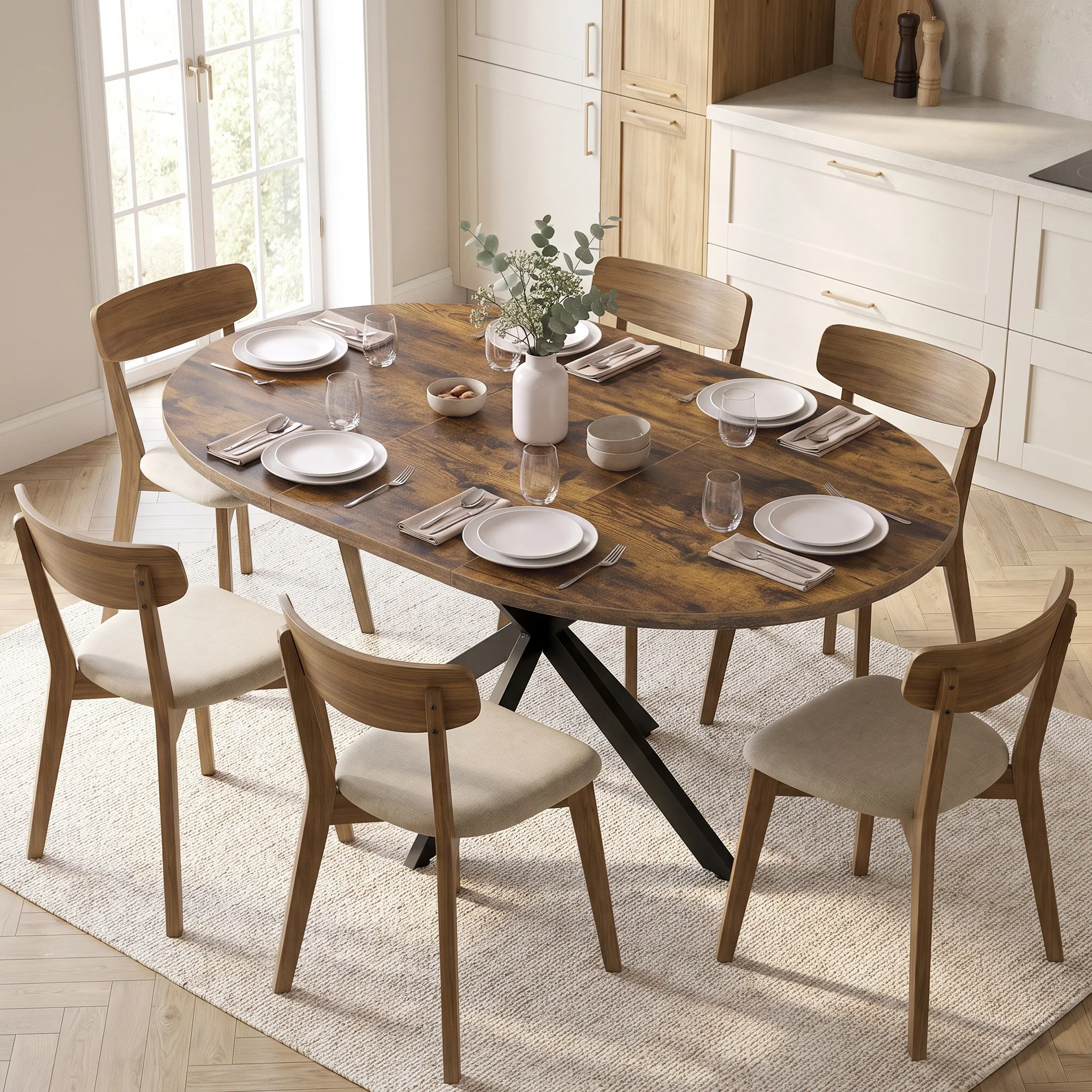 HOMCOM Esstisch Ausziehbar 100/135 x 100 cm Esszimmertisch für 4–6 Personen Ovaler/Runder Küchentisch mit Spinnenbein aus Stahl, Industrie-Stil, Platzsparend für Küche, Esszimmer, Rustikal-Braun