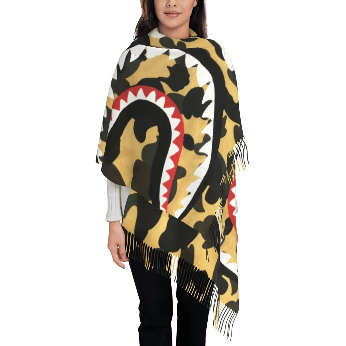 

Camo Shark Teeth Scarf Women Stylish Winter Fall Wrap Shawl Yellow Camouflage Tassel Wraps