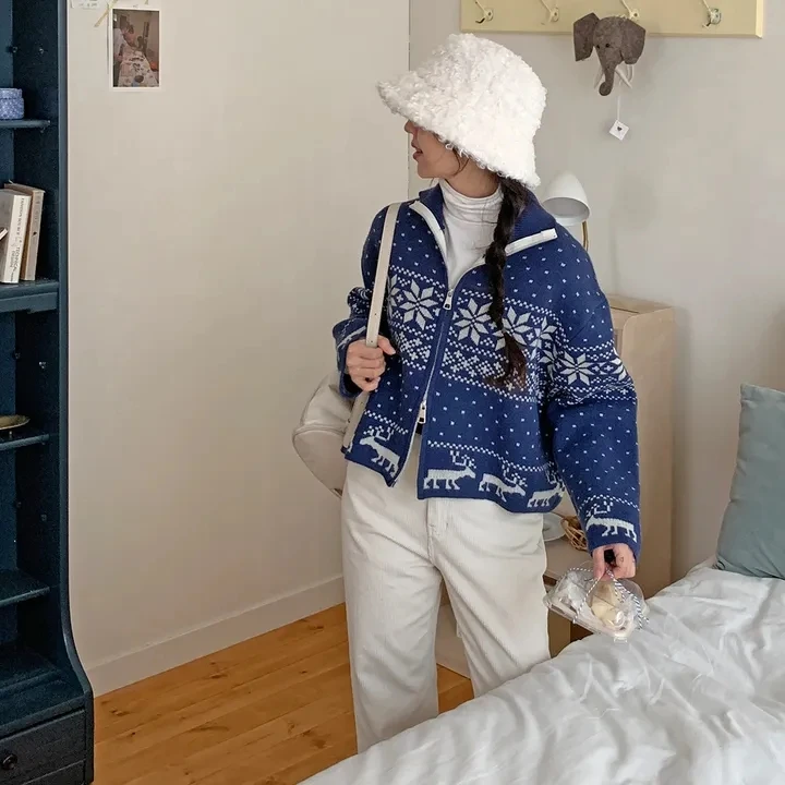 Chic ort Knitted Sweater Coat for Women Cisas Collar Zipper Cardigan Versatile Winter Outerwear Korean Sle Regular Fit