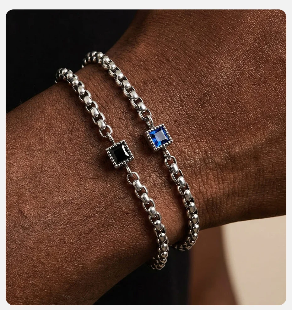 Vnox Herren-Armband mit quadratischer schwarzer blauer Zirkon-Boxkette, verstellbares 18–23 cm langes Gliederarmband aus Edelstahl, Modeschmuck, Geschenk – Detail 2