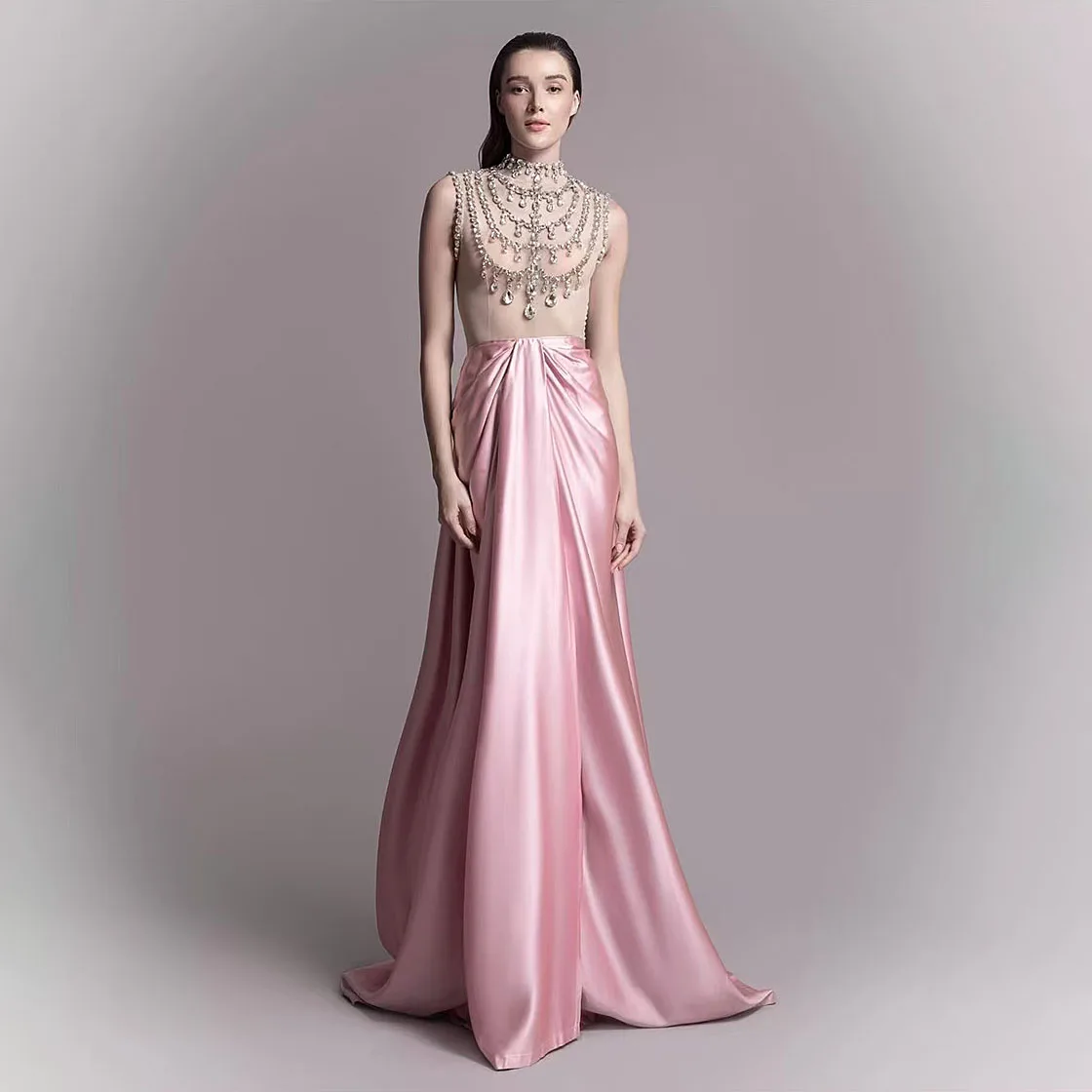 2025 Evening Dress Long Pink Cystal Illusion A-line Prom Graduation Toast Dresses Satin Sleeveless Formal Party Dress Custom