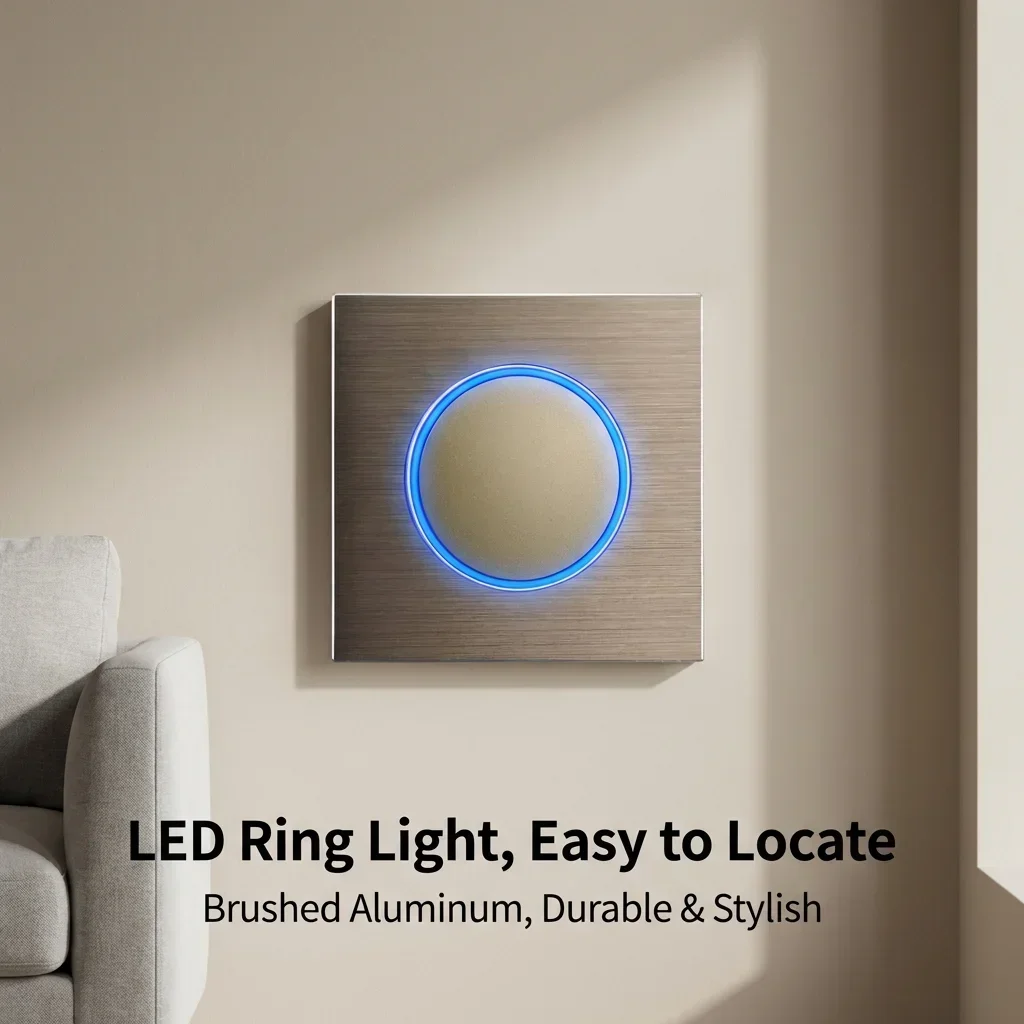 Picture 4: Brown Metal Wall Switch Round LED Light Button 1 2 3 4 Gang Light Switch Brushed Aluminum Plate L6 Series