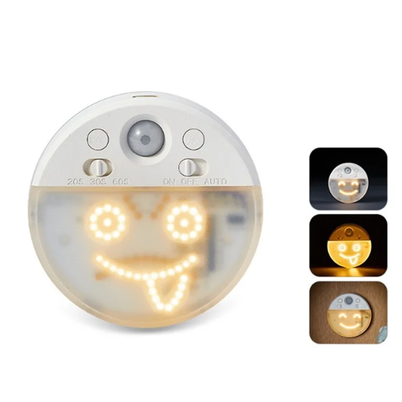 SHGO-Motion Sensor LED Night Light With 4 Facial Expression Dimmable Hallway Light Rechargeable LED With Timer