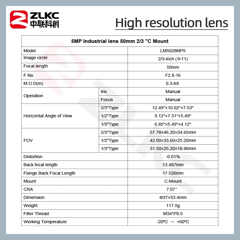 ZLKC C-Mount Camera 50mm Lens 2/3'' High Resolution 5MP F2.8-F16 Manual Iris Industrial Camera FA Lens experimental installation