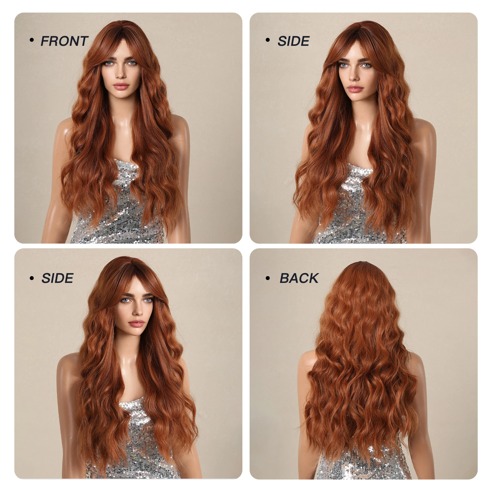 Copper Red Long Wavy Wig with Bangs Synthtic Natural Wave Red Brown Cosplay Party Daily Hair Wigs for Women Heat Resistant Fibre