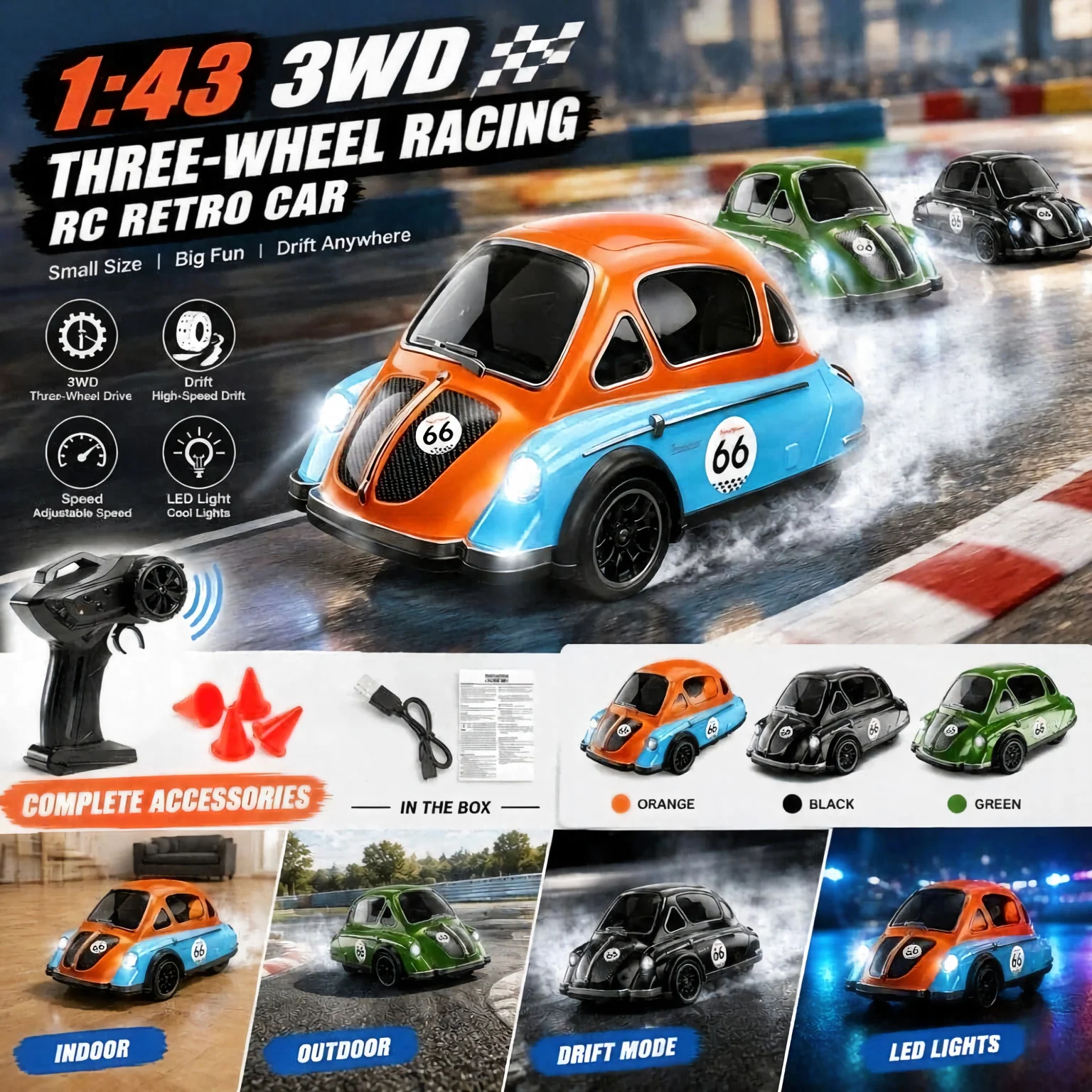 1/43 Mini RC Drift Racing Car Remote Control Tricycle Retro Motorcycle 15KM/H 4WD High Speed Racing With Lights For Hobby Player