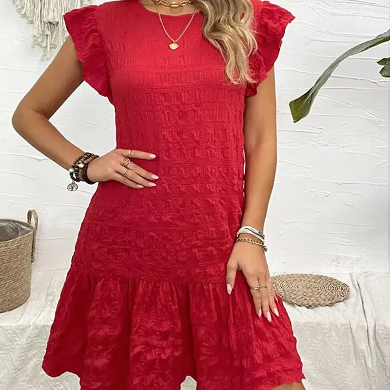 Summer Flying Sleeve Dress Back Lace Loose 2025 Elegant Casual Round Neck Ruffle Decorative Dress Mini Tank Top Dress For Women