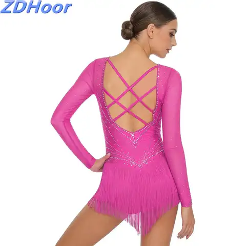 Womens Latin Dance Leotard Rhinestone Bodysuit Mesh Long Sleeve Tiered Tassel Hem Jumpsuit for Figure Skating Tango Rumba