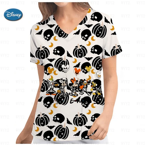 Imagen 2 del producto Disney-uniforme de trabajo con estampado de Stitch para mujer, camisa de manga corta con cuello, ropa de enfermería, uniforme esmerilado, Top de enfermera, Halloween