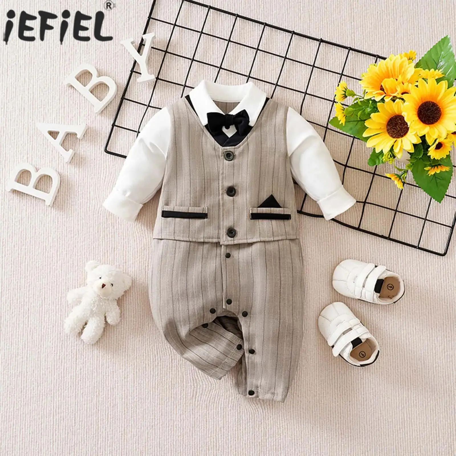 

Infant Boys Long Sleeve Lapel Striped Bowtie Gentleman Romper Christening Wedding Birthday Party Photography Formal Jumpsuit