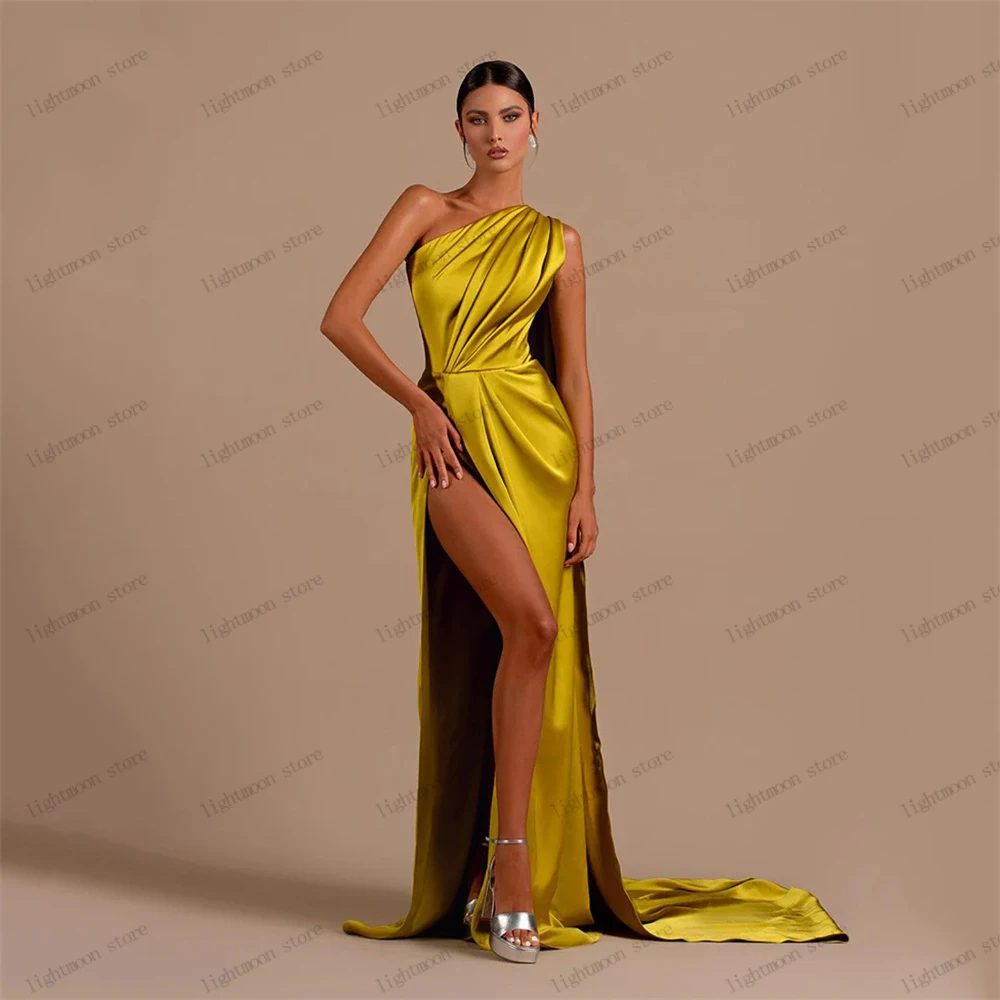 Simple Evening Dresses Satin Ball Gowns Sexy Prom Dress One Shoulder High Slit Robes For Formal Party Elegant Vestidos De Gala