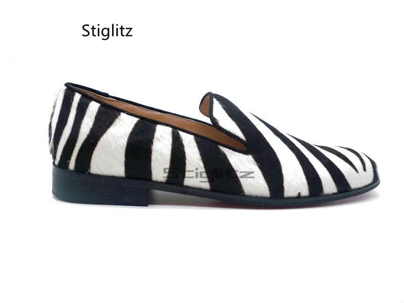 Black and White Zebra Striped Loafers Shoes for Men Horsehair Leather Slip On Dress Shoes Men\'s Flats Casual Driving Shoes