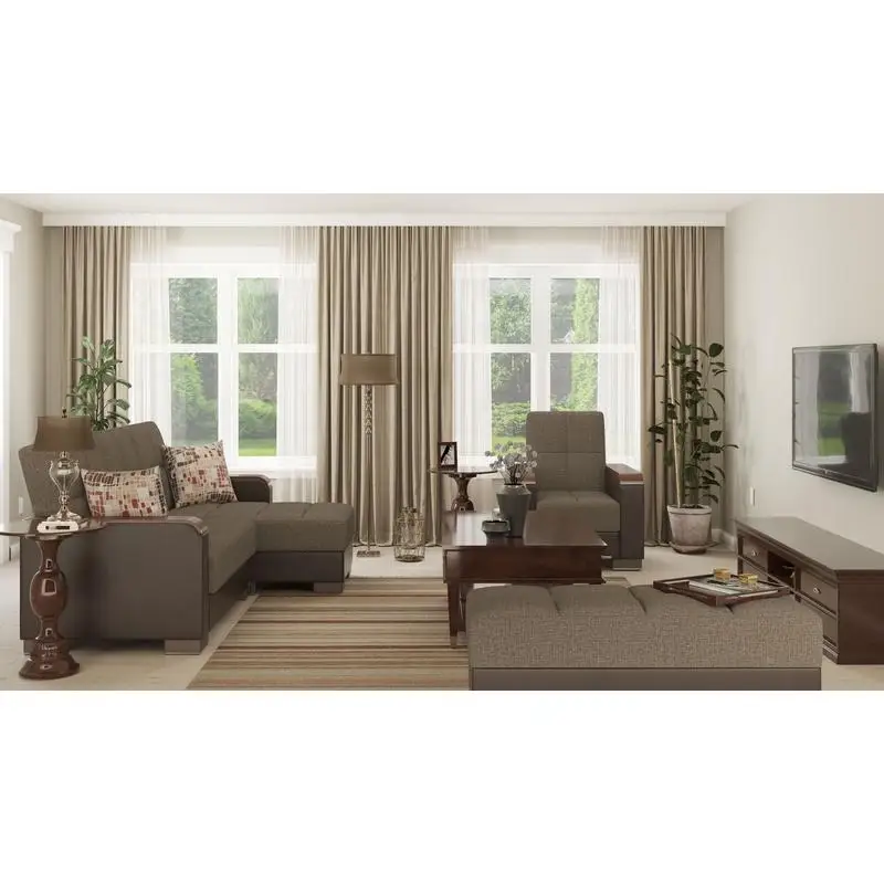 Upholstered Convertible Ottoman with Wood Trim, Storage, Brown PU Polyester