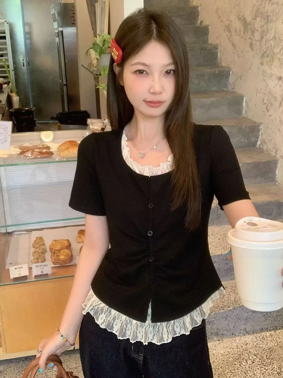 

plus Size Women's T-Shirt Lace Short Sleeve Waist-Cinching Fashionable Korean Style Sweet-and-Spicy Top for Heavy Women