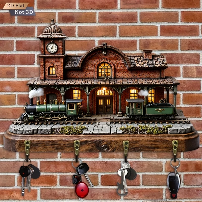 2D Flat. 1pc. Retro Train Platform Theme Key Hook - Multi-Functional Decorative Key Holder with Four Metal Hooks, Wall