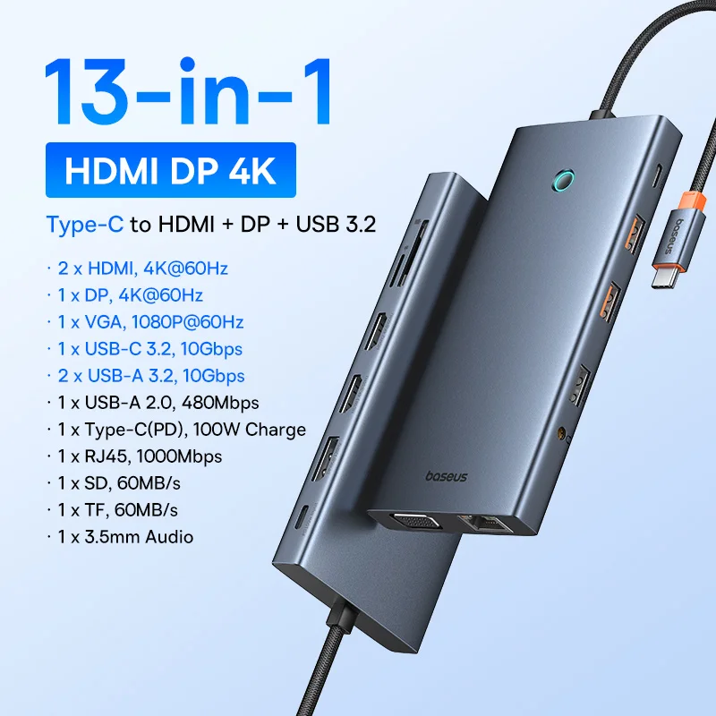 Baseus USB C HUB Dual HDMI 8K 4K Adapter 10-in-1 USB 3.2 10Gbps Splitter met RJ45 SD TF Type C PD 100W voor MacBook Pro Air HUB