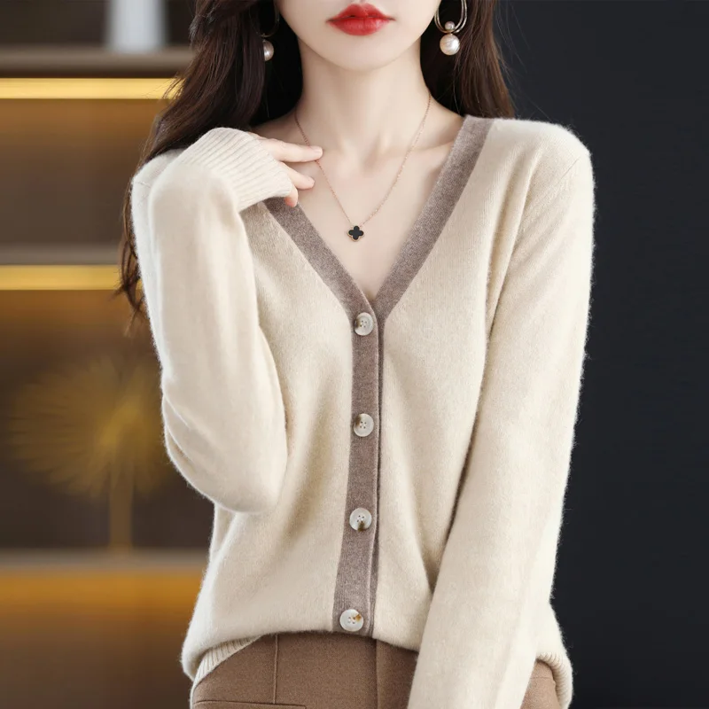 Matching Color Cashmere Cardigan women's Short V-neck Loose Fashion Coat 2023 Autumn New Pure Wool Knitted Outside