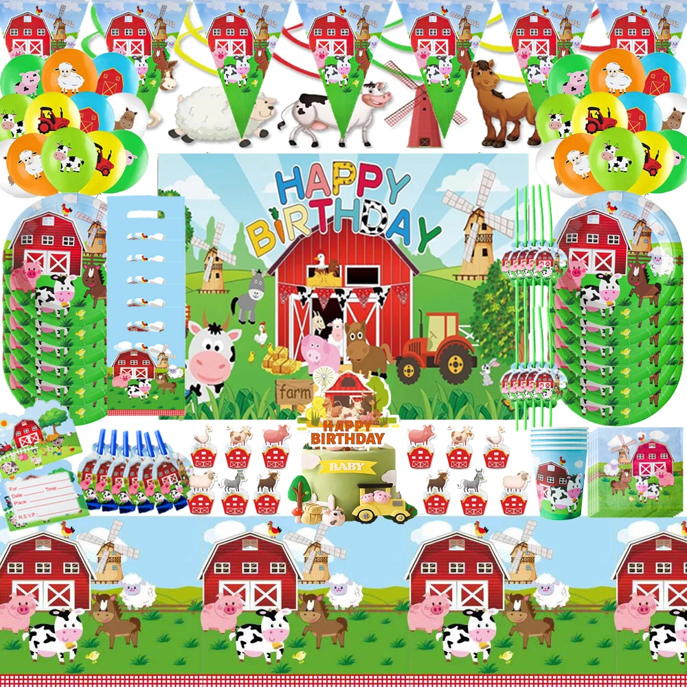 Animal Farm Theme Birthday Party Animal Party Cow Decoration Disposable Cup Plate Flag Table Cloth Baby Shower Balloon Decoratio