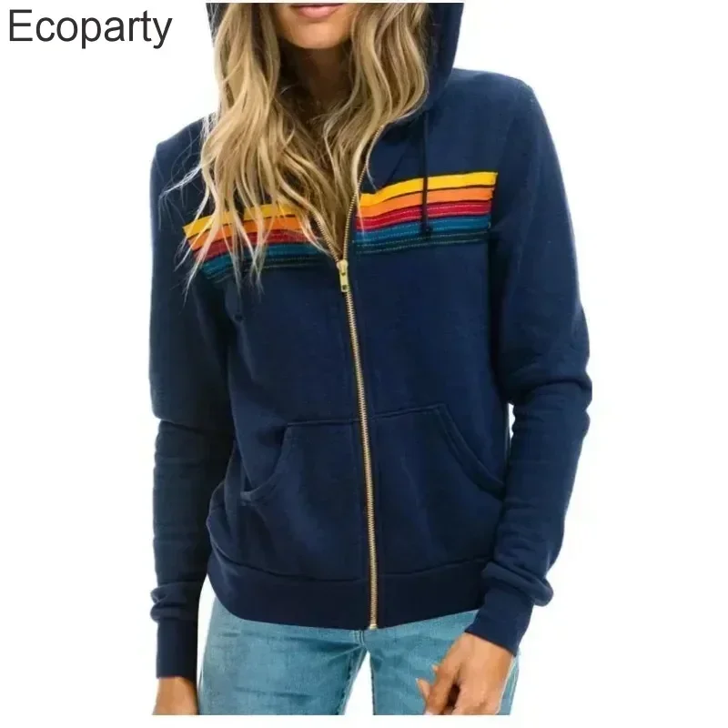 Autumn Unisex Women's Aviator Nation Long Sleeve Hooded Sweatshirts Men Casual Zipper 5 Stripe Rainbow Hoodies Jacket Coat