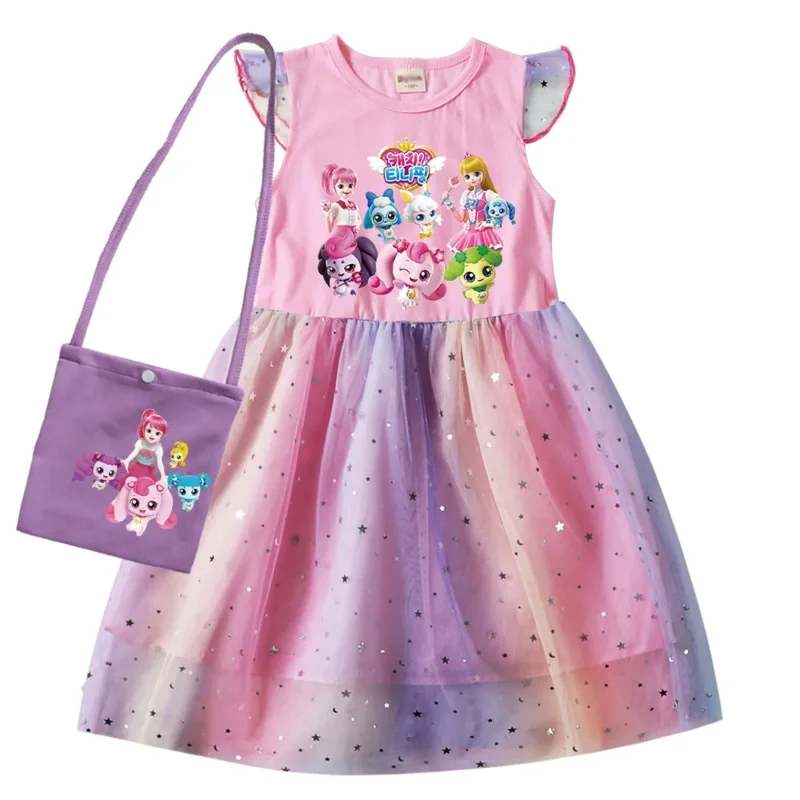 Korean cartoon baby girl dresses kids T-tiny clothes cosplay costume children fly sleeve casual princess dress bag summer