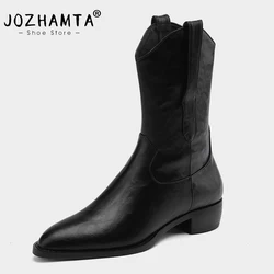 JOZHAMTA Size 34-39 Women Ankle Boots Retro Genuine Leather Thick Mid Heels Winter Shoes For Women Western Boots Casual Office