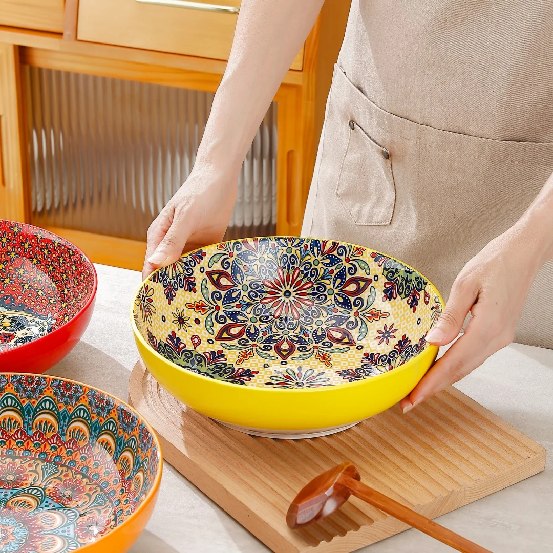Bohemian Style Underglaze Ceramic Soup Bowl Large Capacity Salad Bowl for Party Camping