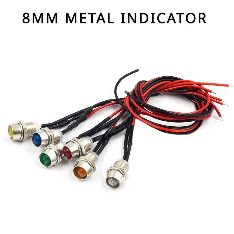 Lámpara LED de señal de Metal impermeable IP67, luz indicadora con cable de 3V, 6V, 12V, 24V, rojo, verde, amarillo, blanco, azul y naranja, 8mm