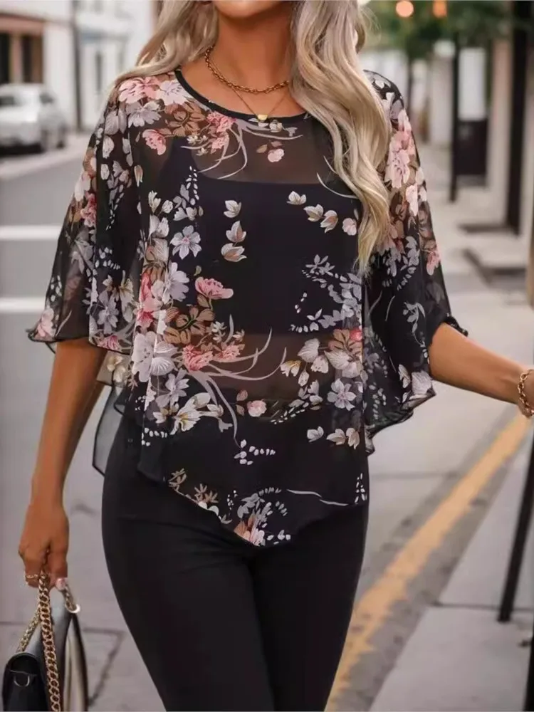 

Lady Floral Print Shirt Fashioin O Neck Half Sleeve Loose Pullover Shirts Tops For Women Elegant Holiday Streetwear Clothes New