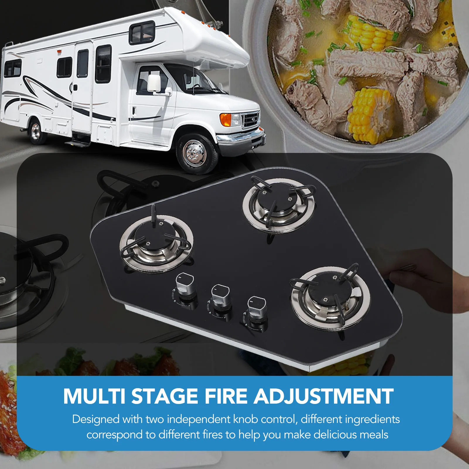 Estufa de gas Panel de vidrio templado Acero inoxidable 3 quemadores 1.8Kw Estufa de gas para barco Caravana RV Camper