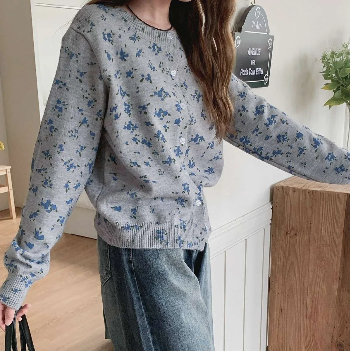 Suéter de punto suelto para mujer, estampado Floral, diseño elegante y versátil, cárdigan abierto juvenil dulce de otoño