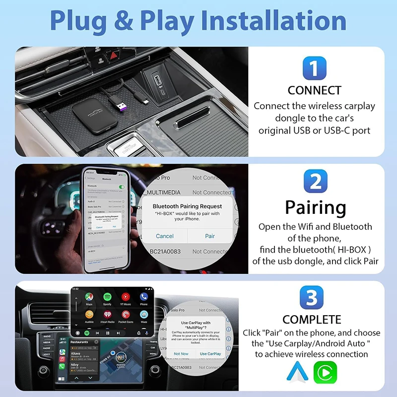 Mini Android Smart AI Adapter 4 w 1 bezprzewodowy CarPlay Android Auto CarPlay Box do OEM Plug and Play Auto-connect